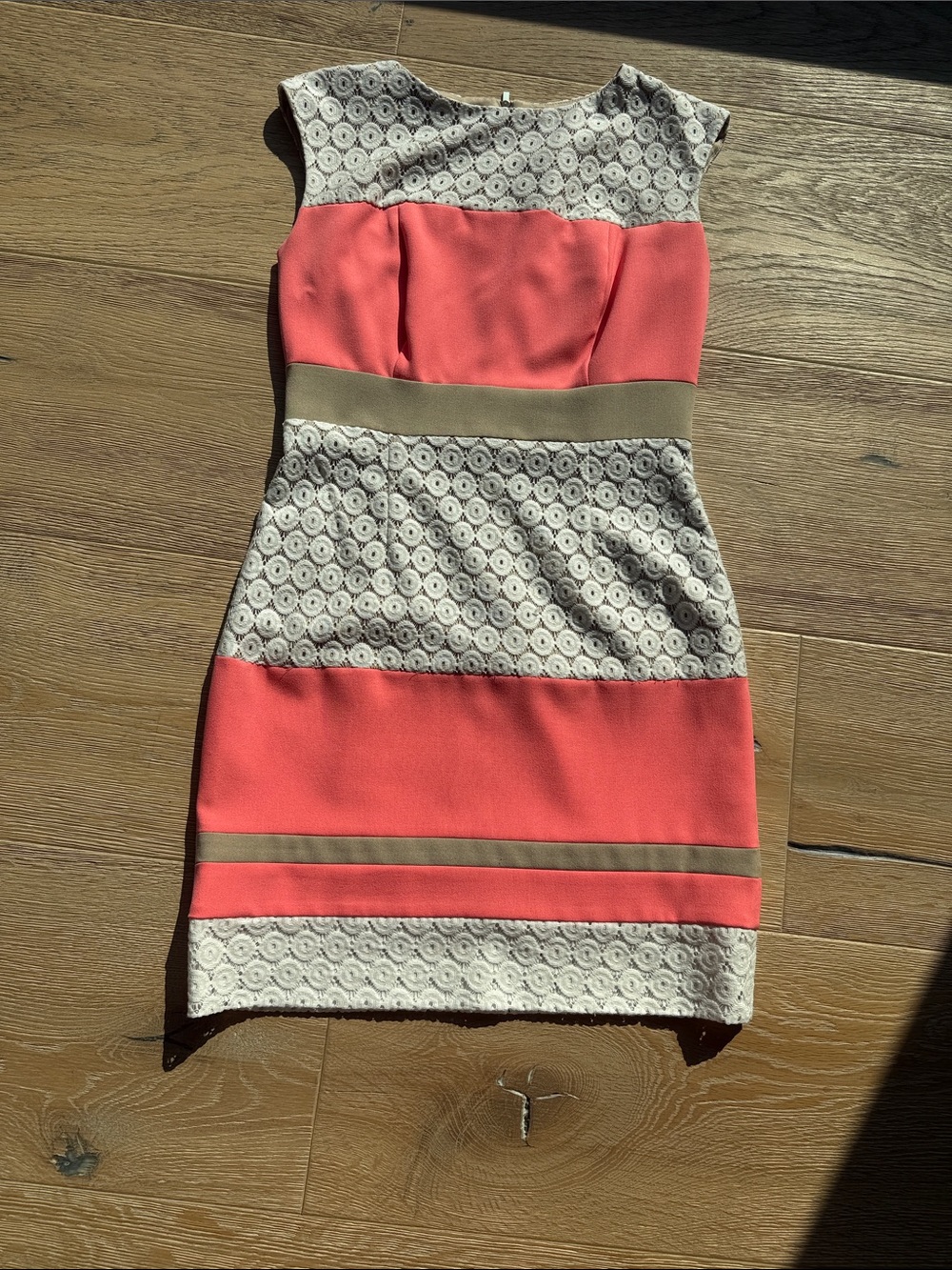 Coral with White Lace Panel Sheath Dress